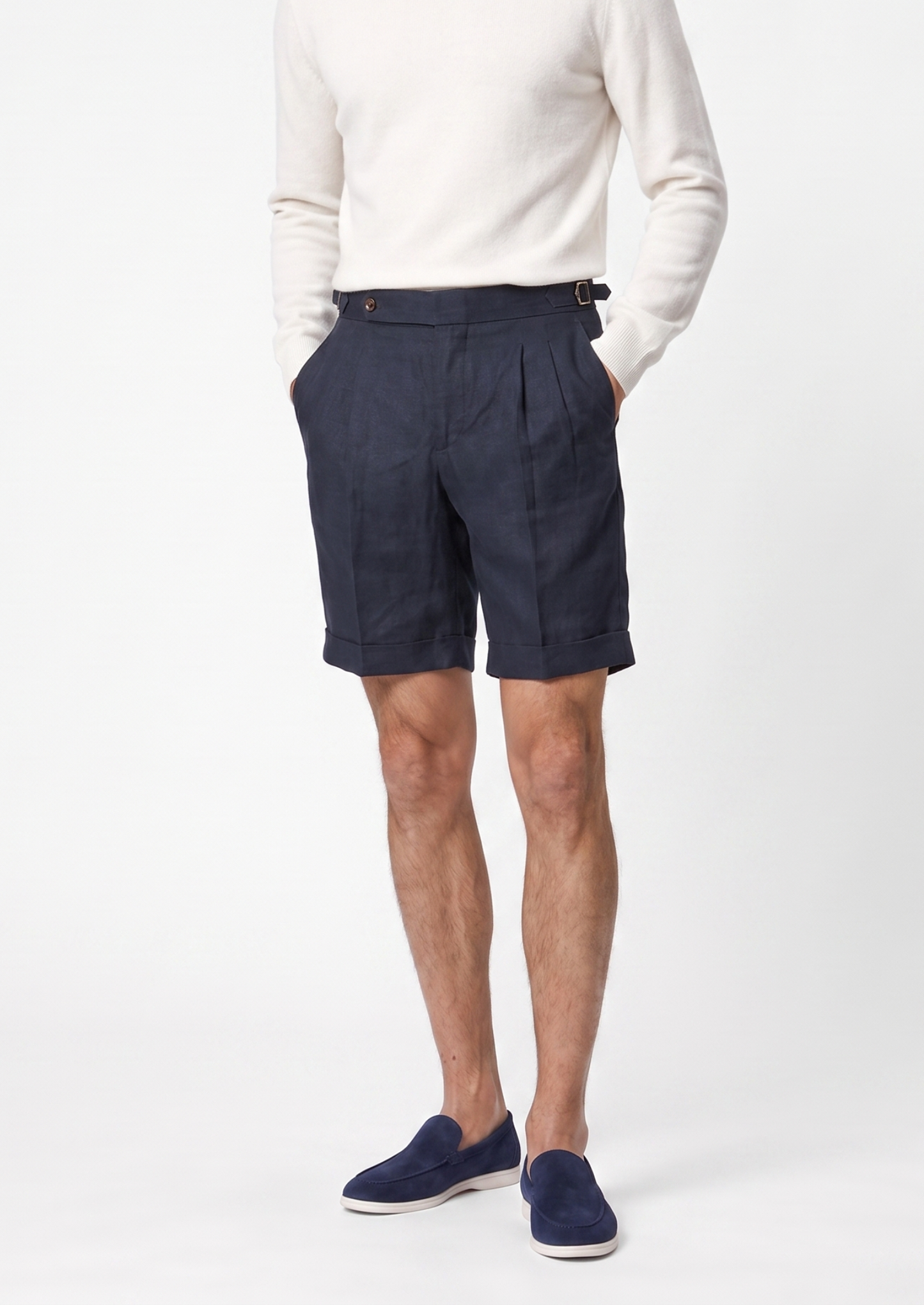 Navy Blue Pleated Linen Seaside Shorts | Vallentty