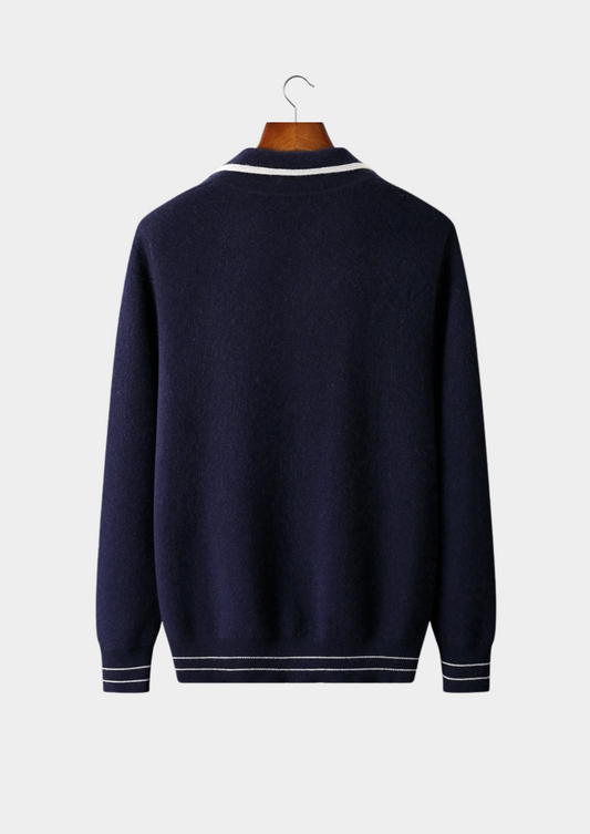 Pure Extra-Fine Merino Wool Two-Tone Polo Cardigan | Vallentty