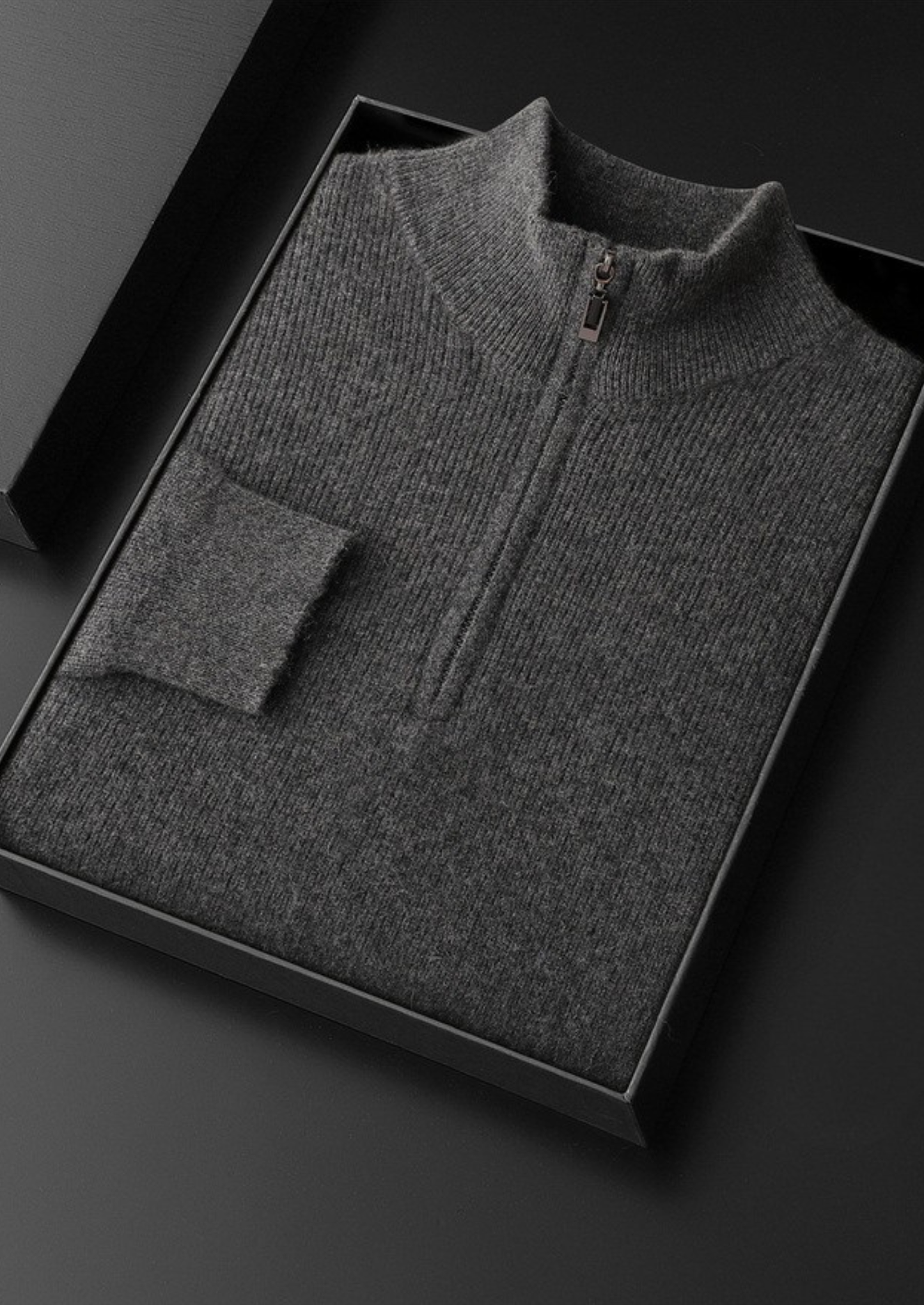 Pure Cashmere Dark Gray Ribbed Half Zip | Vallentty