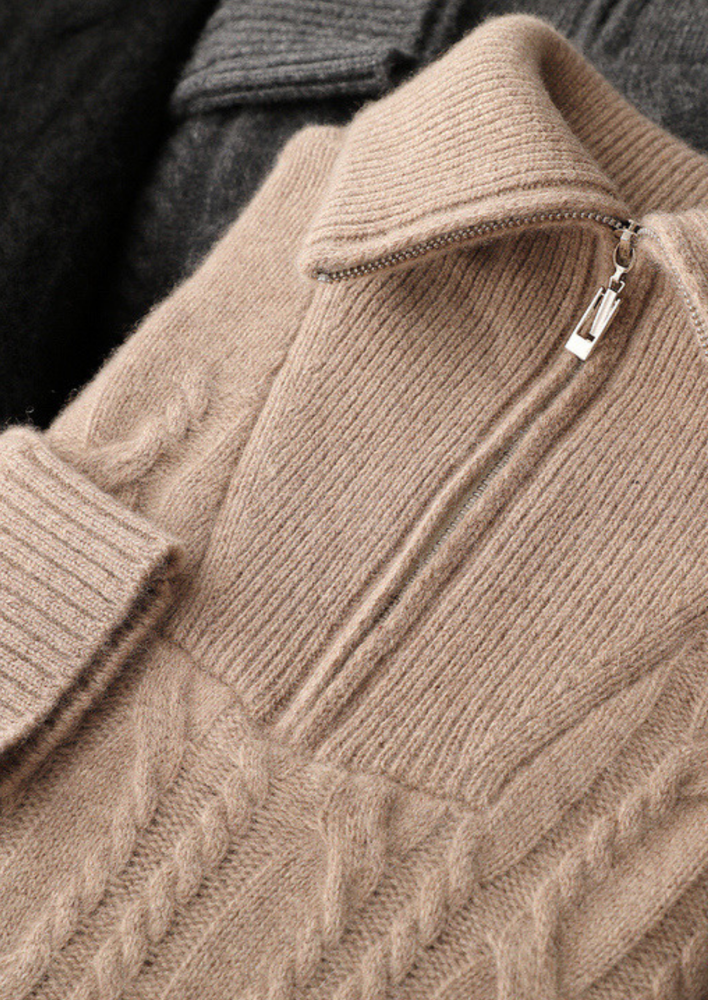 Pure Cashmere Beige Cable Half Zip Sweater | Vallentty