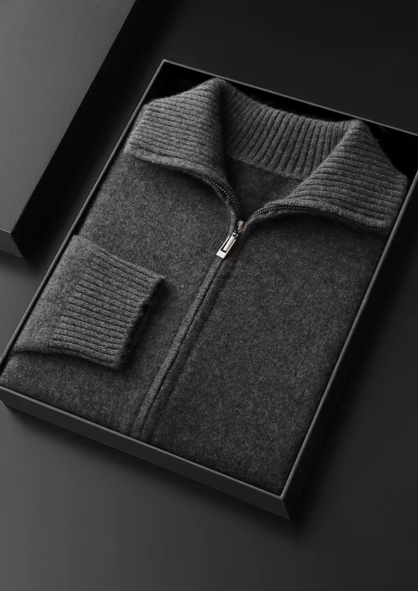 Pure Cashmere Dark Gray Funnel Neck Cardigan | Vallentty