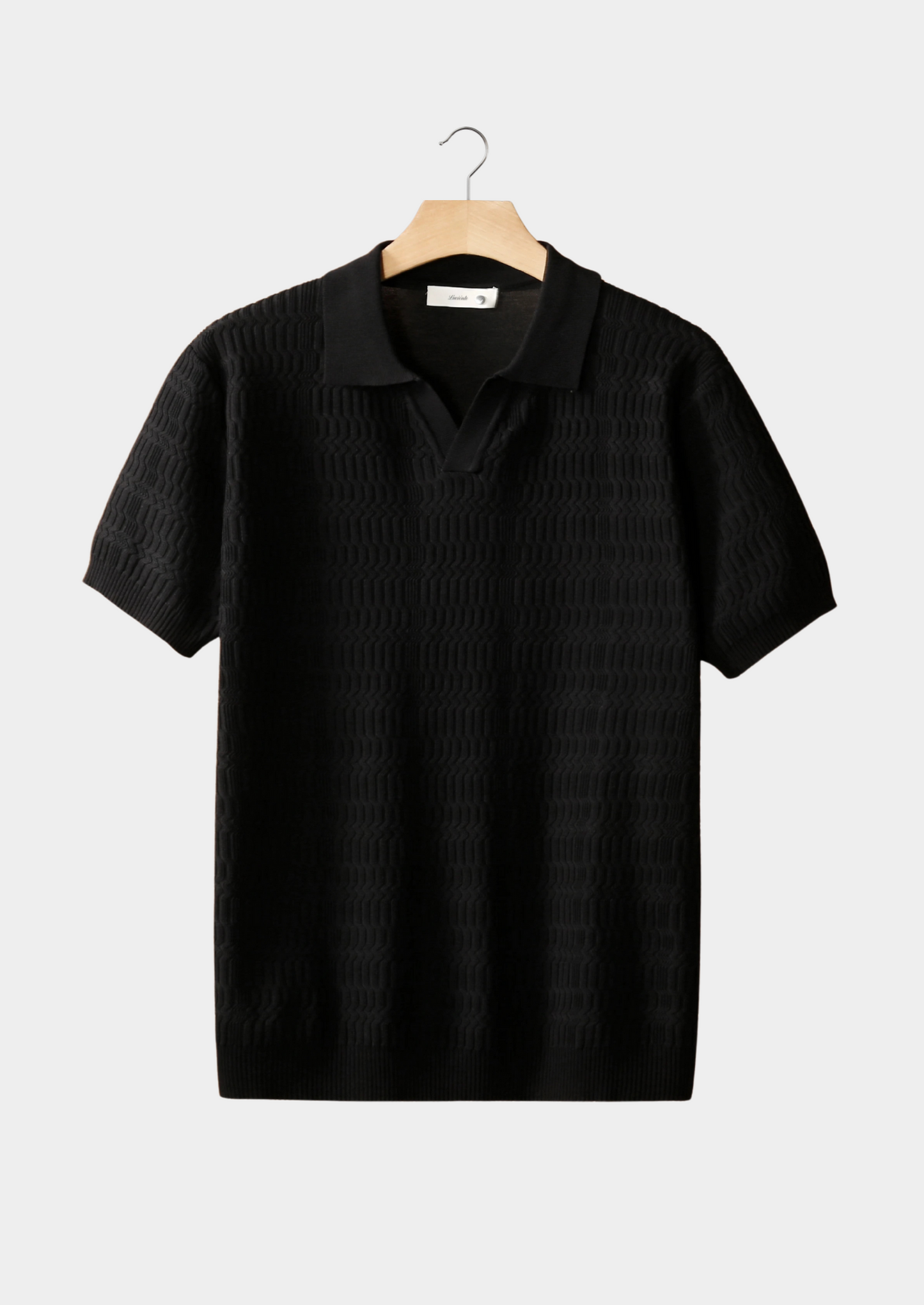 Black Patterned Knit Buttonless Polo | Vallentty