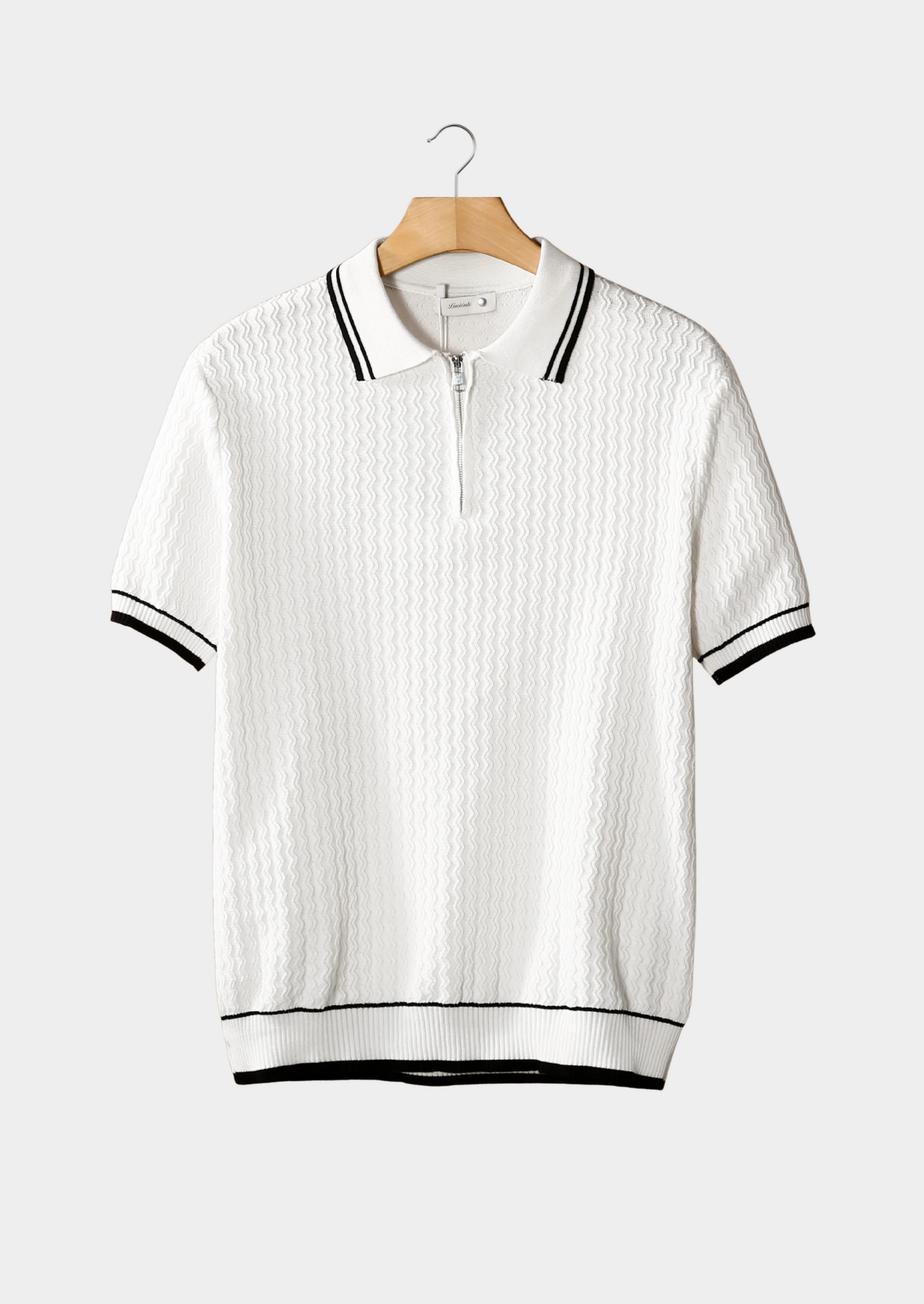 White Wavy Textured Zipper Polo | Vallentty