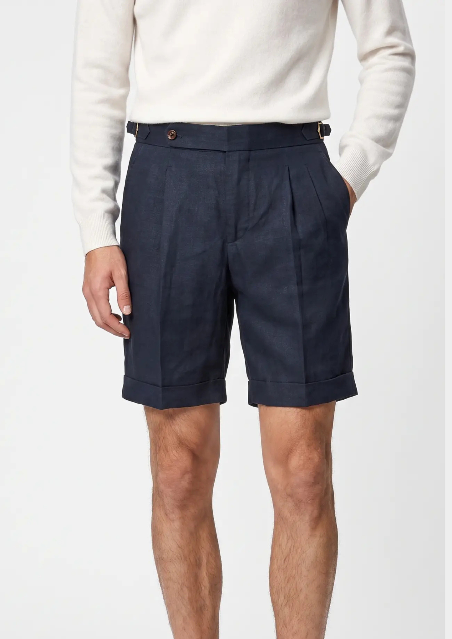 Navy Blue Pleated Linen Seaside Shorts | Vallentty