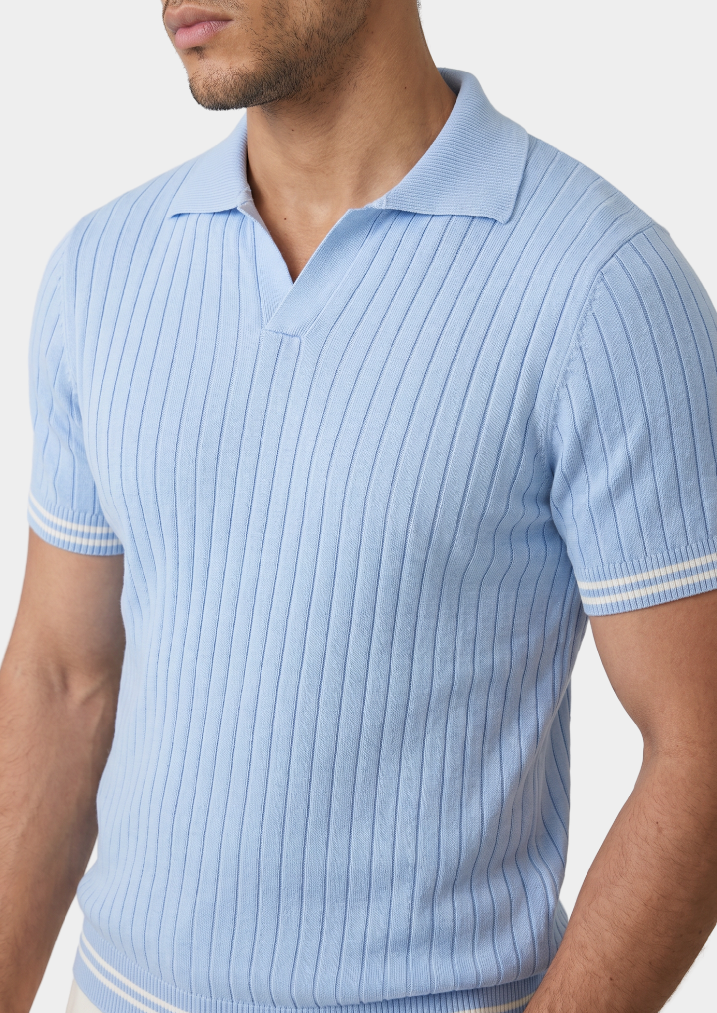 Pierre Light Blue Ribbed Buttonless Polo | Vallentty