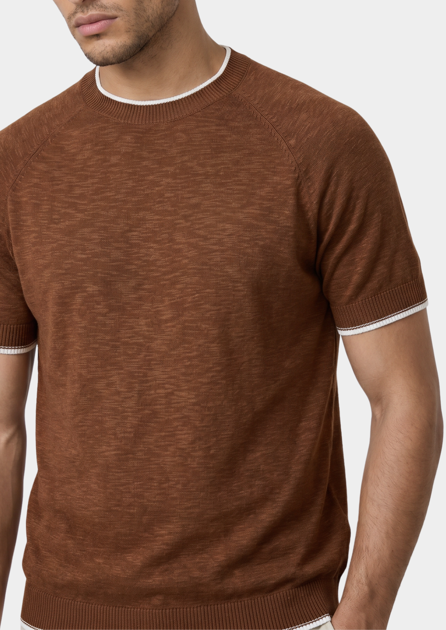 Capri Caramel Linen Contrast T-Shirt | Vallentty