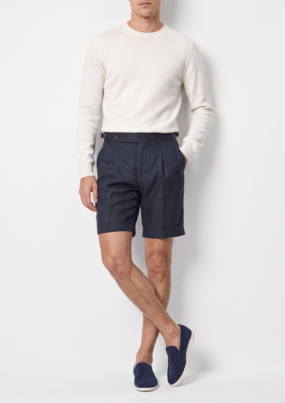Navy Blue Pleated Linen Seaside Shorts | Vallentty