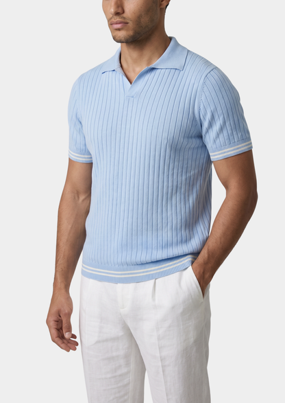 Pierre Light Blue Ribbed Buttonless Polo | Vallentty