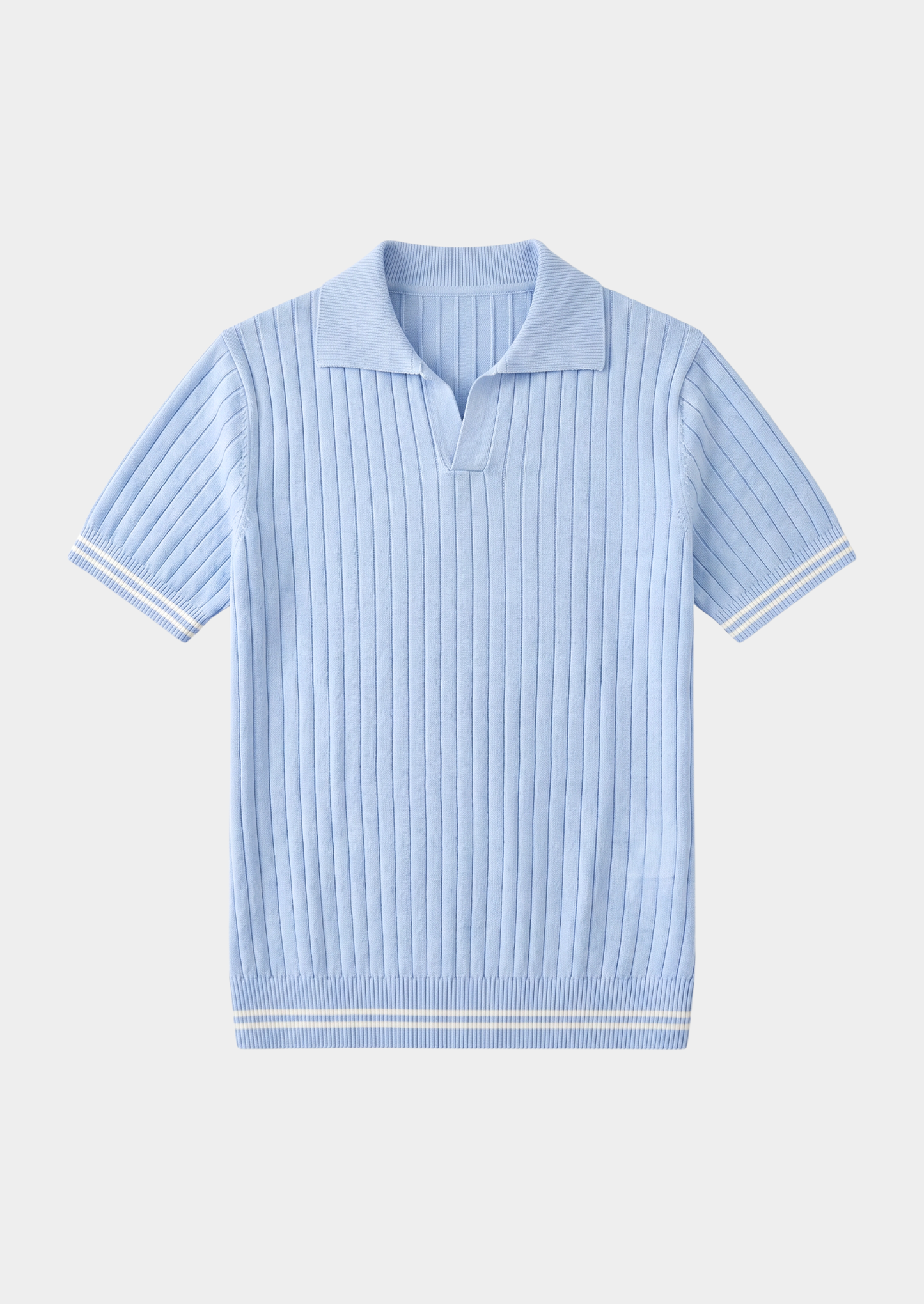 Pierre Light Blue Ribbed Buttonless Polo | Vallentty