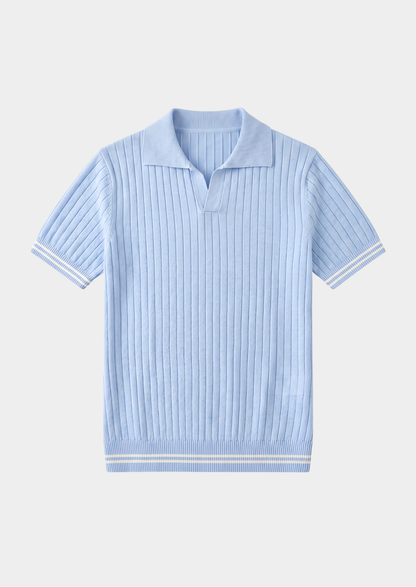 Pierre Light Blue Ribbed Buttonless Polo | Vallentty