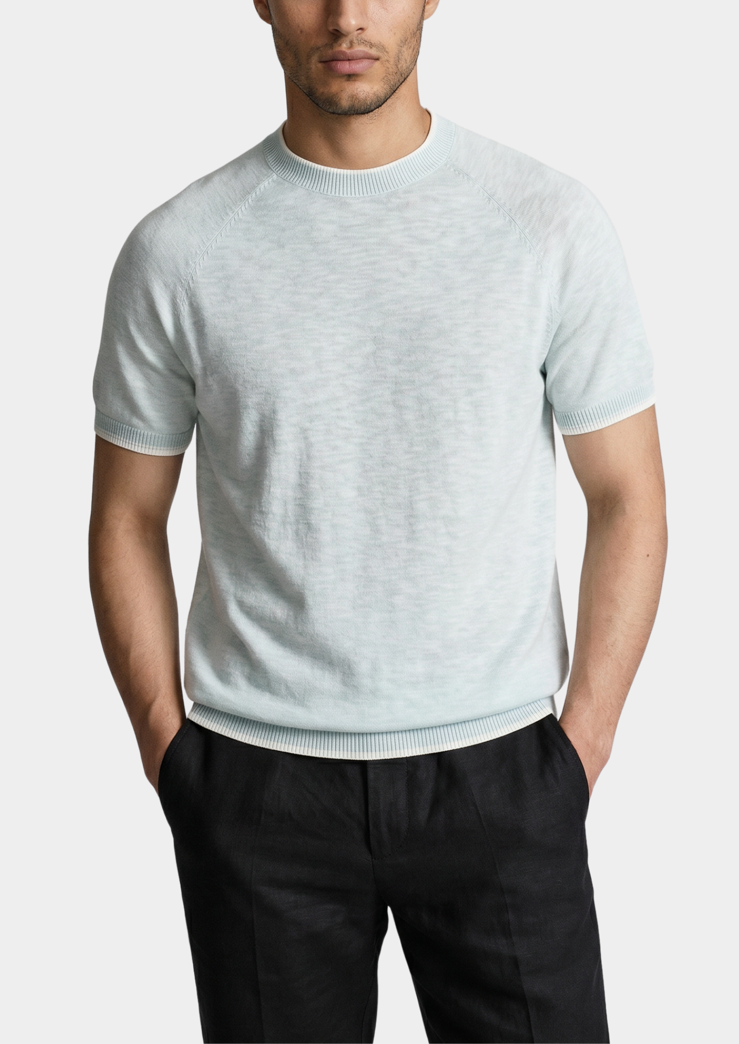 Capri Ice Blue Linen Contrast T-Shirt | Vallentty