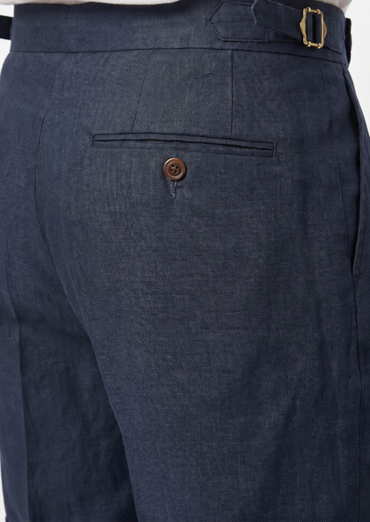 Navy Blue Pleated Linen Seaside Shorts | Vallentty
