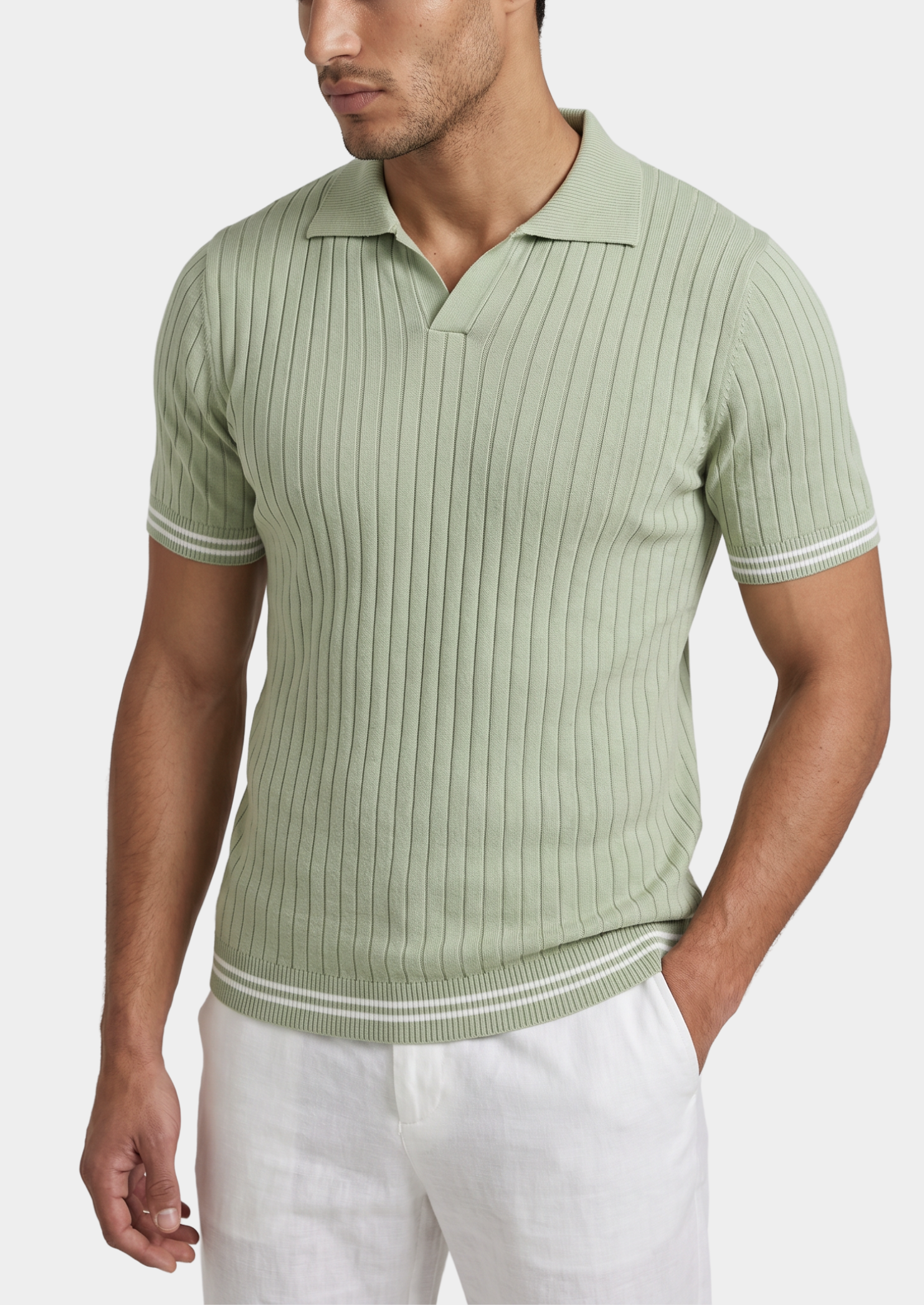 Pierre Pistache Ribbed Buttonless Polo | Vallentty