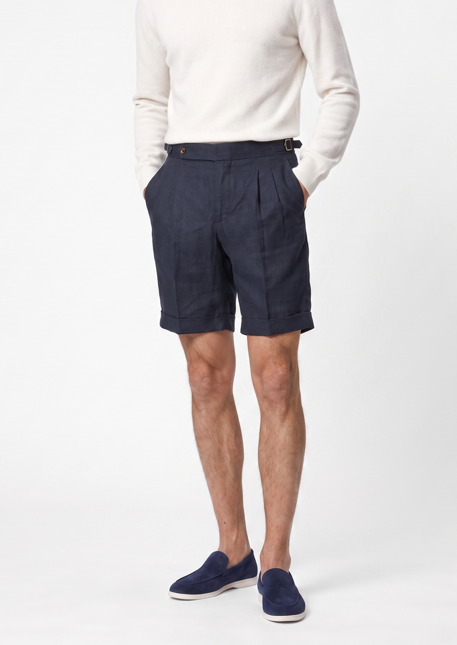 Navy Blue Pleated Linen Seaside Shorts | Vallentty