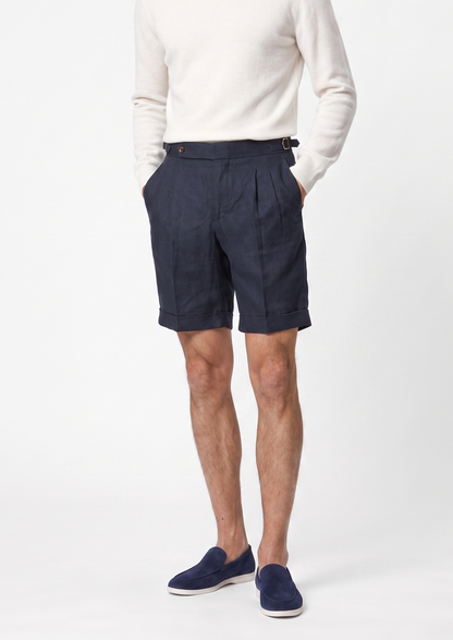 Navy Blue Pleated Linen Seaside Shorts | Vallentty