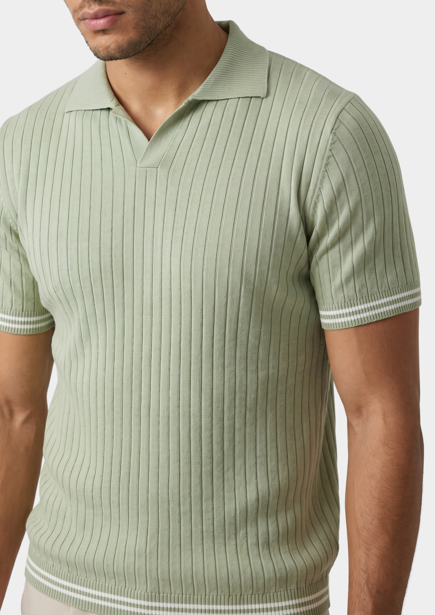 Pierre Pistache Ribbed Buttonless Polo | Vallentty