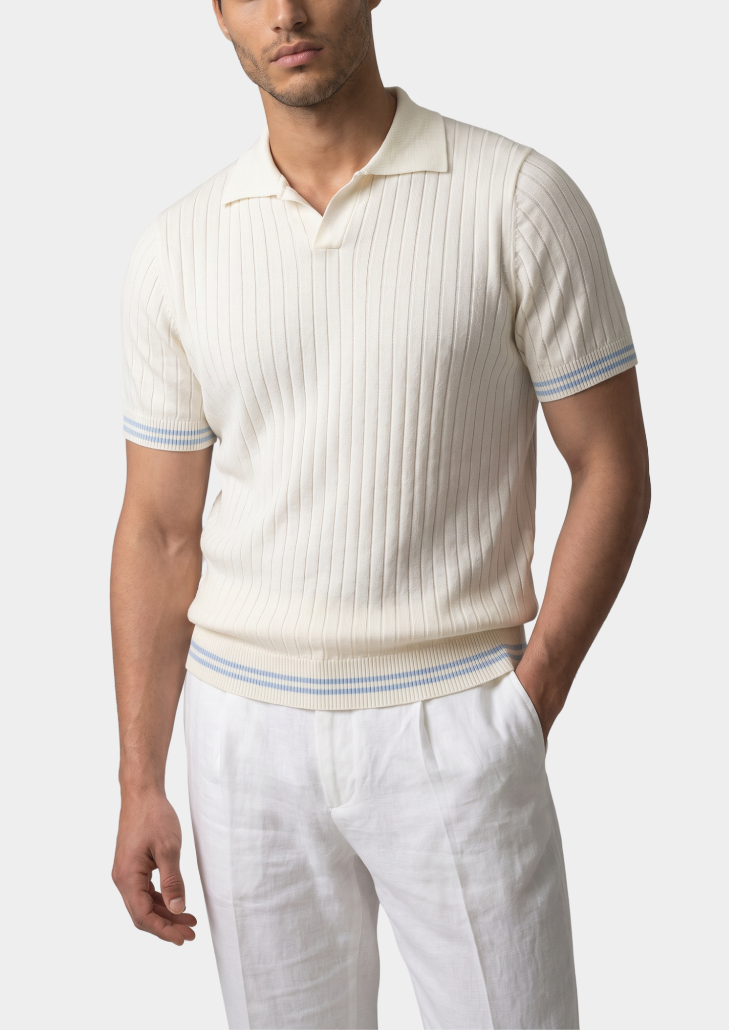 Pierre Ivory Ribbed Buttonless Polo | Vallentty