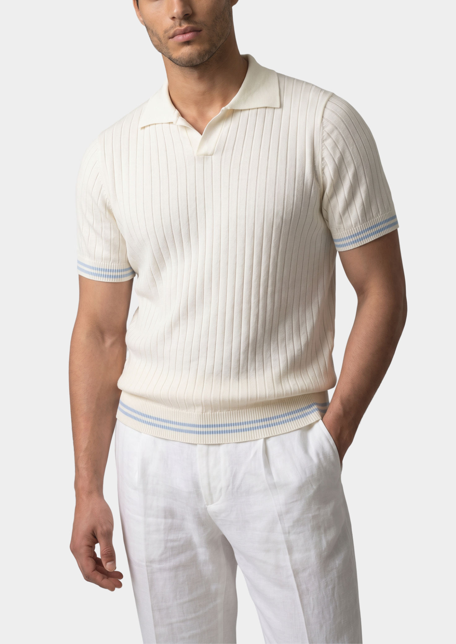 Pierre Ivory Ribbed Buttonless Polo | Vallentty