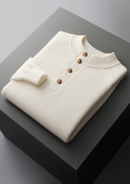 Premium Cashmere Classic Ribbed Henley Sweater | Vallentty