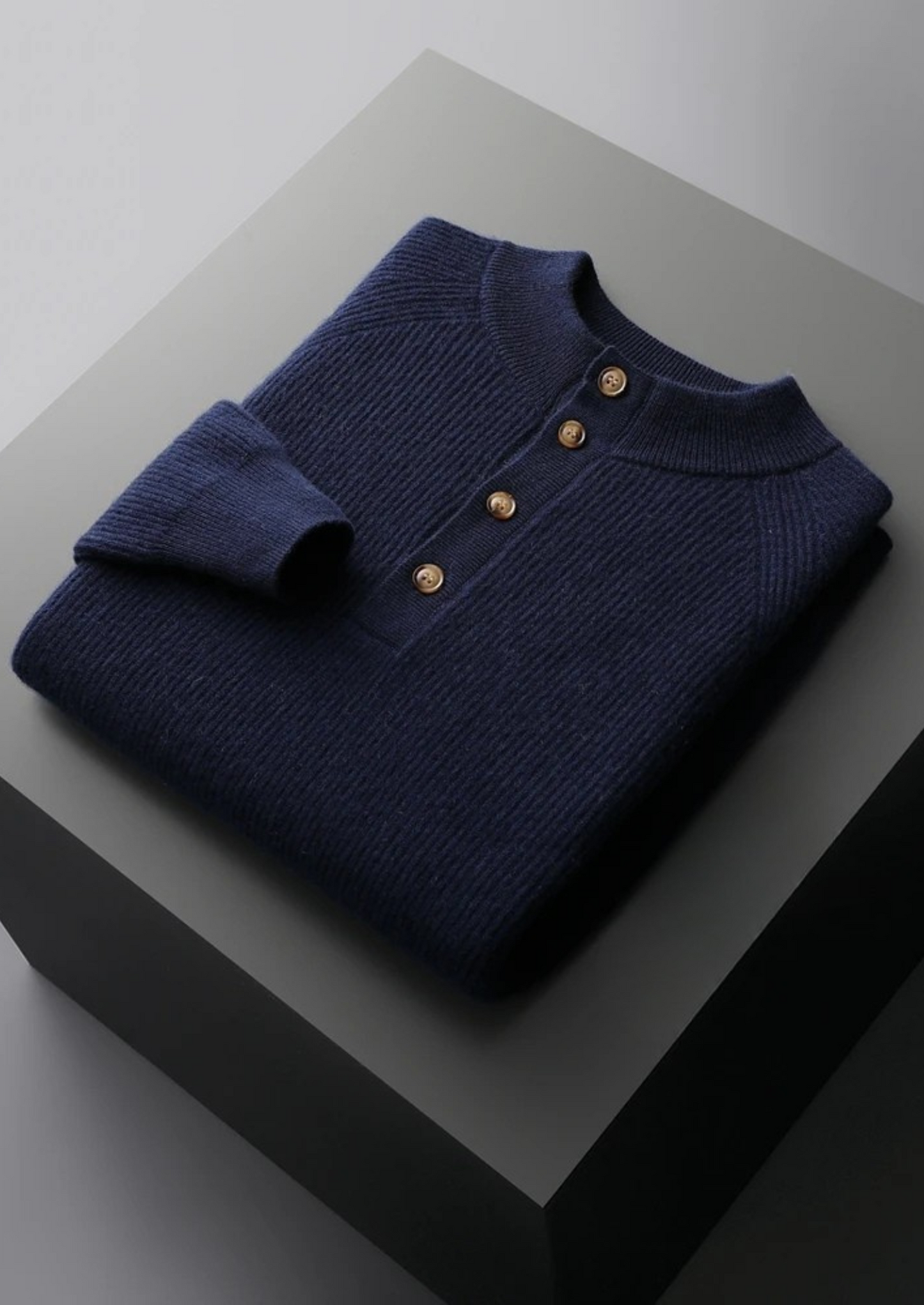 Premium Cashmere Classic Ribbed Henley Sweater | Vallentty