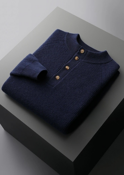 Premium Cashmere Classic Ribbed Henley Sweater | Vallentty
