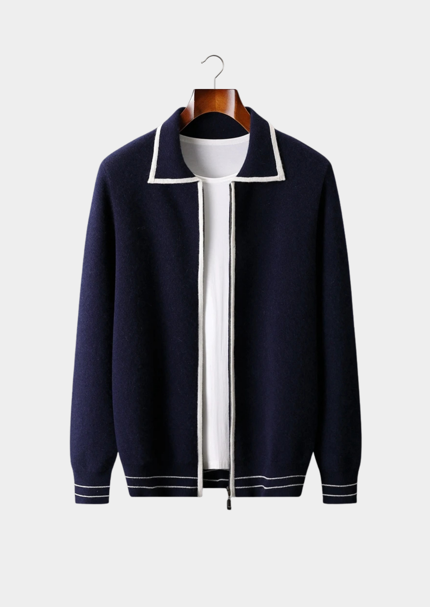Pure Extra-Fine Merino Wool Two-Tone Polo Cardigan | Vallentty