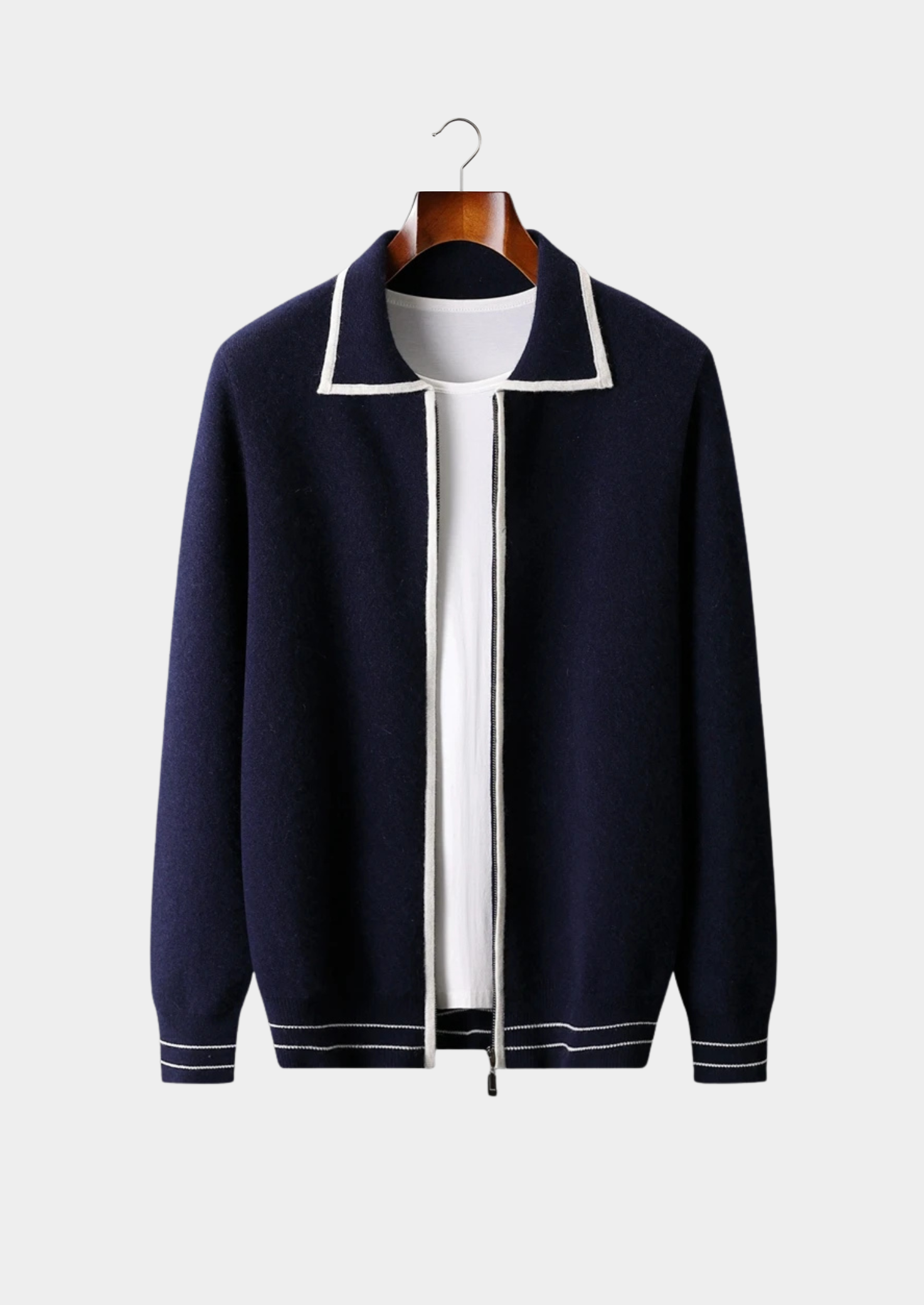 Pure Extra-Fine Merino Wool Two-Tone Polo Cardigan | Vallentty