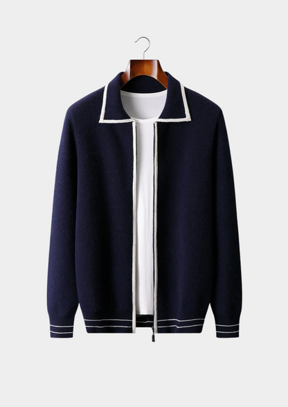 Pure Extra-Fine Merino Wool Two-Tone Polo Cardigan | Vallentty