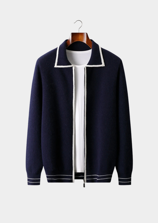Pure Extra-Fine Merino Wool Two-Tone Polo Cardigan | Vallentty