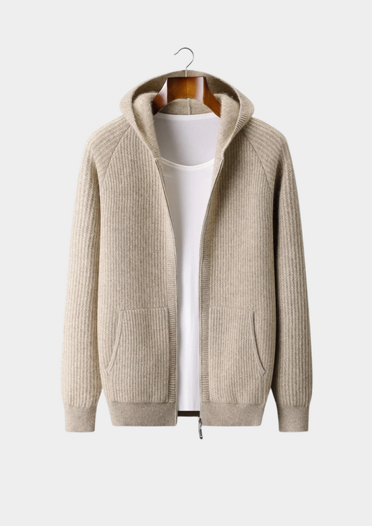 Pure Extra-Fine Merino Wool Ribbed Zipper Hoodie | Vallentty