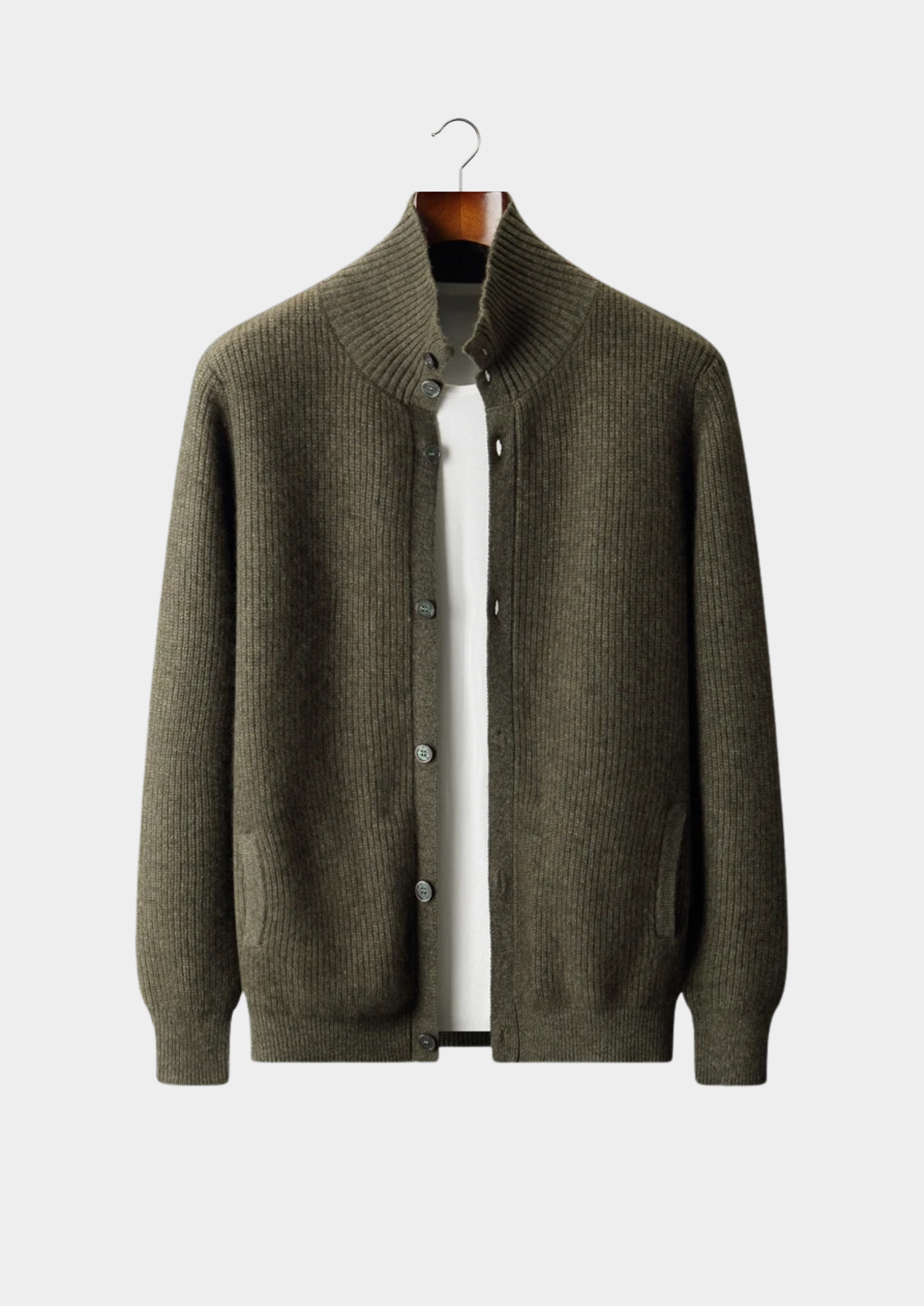 Premium Cashmere Ribbed High Collar Cardigan | Vallentty