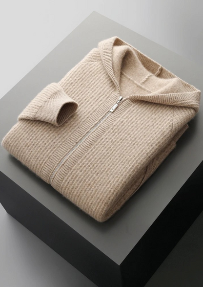 Pure Extra-Fine Merino Wool Ribbed Zipper Hoodie | Vallentty