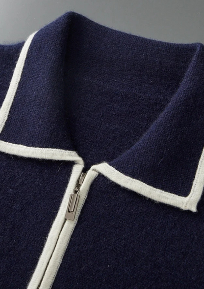 Pure Extra-Fine Merino Wool Two-Tone Polo Cardigan | Vallentty