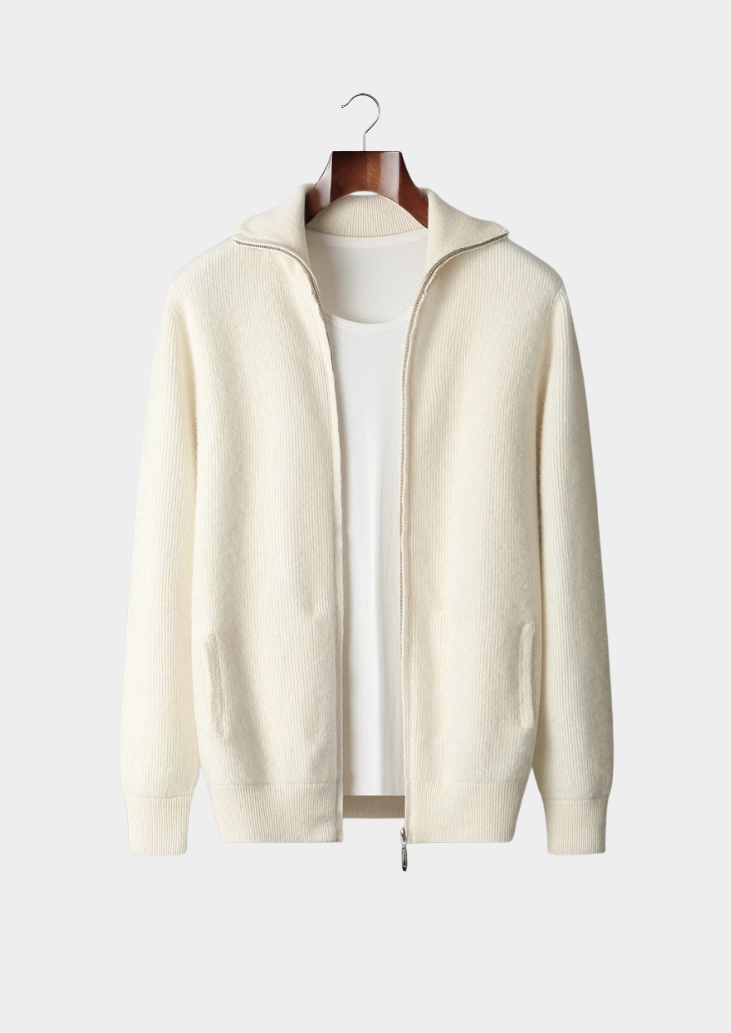 Pure Extra-Fine Merino Wool Ribbed Zipper Cardigan | Vallentty