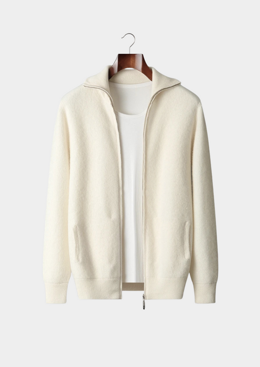 Pure Extra-Fine Merino Wool Ribbed Zipper Cardigan | Vallentty