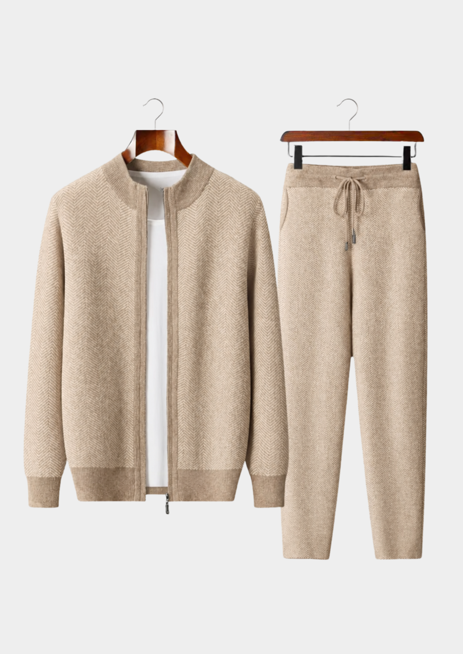 Pure Extra-Fine Merino Wool Sand Herringbone Set | Vallentty