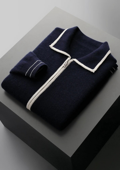 Pure Extra-Fine Merino Wool Two-Tone Polo Cardigan | Vallentty