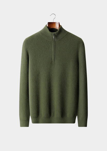 Pure Cashmere Olive Ribbed Half Zip | Vallentty