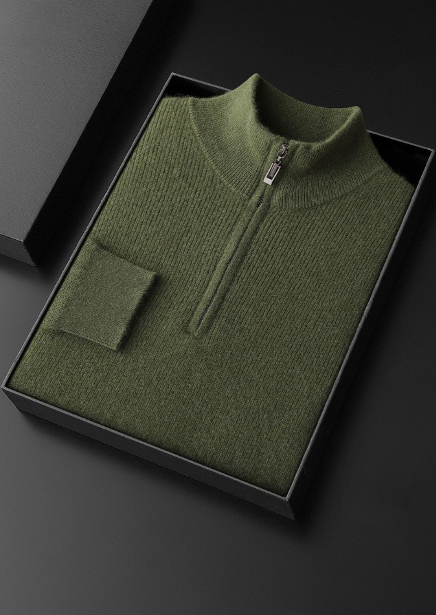 Pure Cashmere Olive Ribbed Half Zip | Vallentty