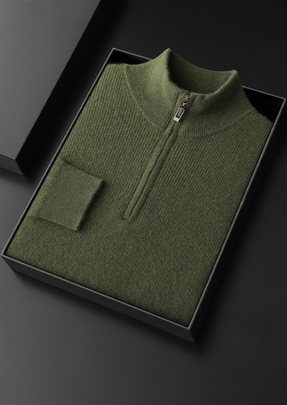 Pure Cashmere Olive Ribbed Half Zip | Vallentty