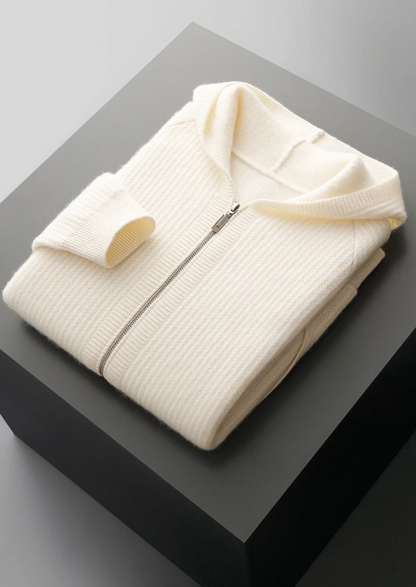 Pure Extra-Fine Merino Wool Ribbed Zipper Hoodie | Vallentty