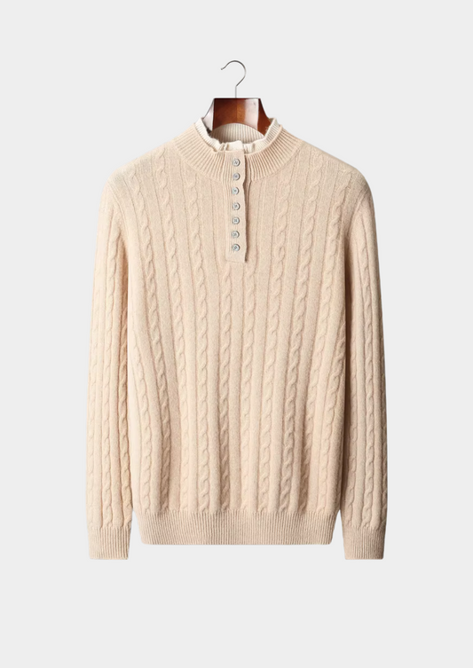 Pure Extra-Fine Merino Wool Cable Knit Henley Sweater | Vallentty
