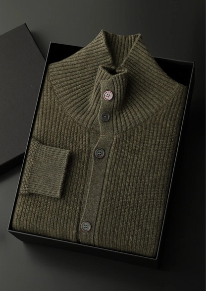 Premium Cashmere Ribbed High Collar Cardigan | Vallentty