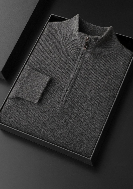 Pure Cashmere Dark Gray Ribbed Half Zip | Vallentty