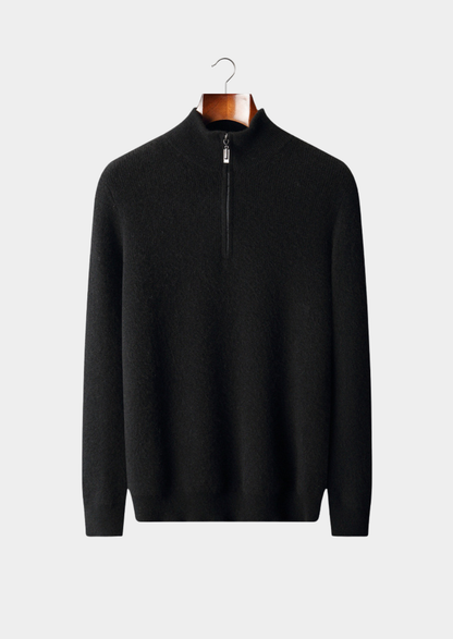 Pure Cashmere Black Ribbed Half Zip | Vallentty