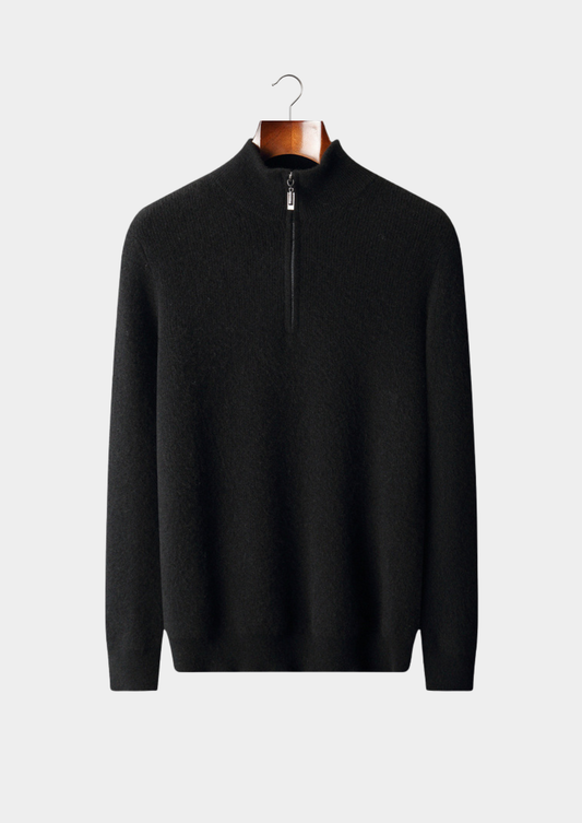 Pure Cashmere Black Ribbed Half Zip | Vallentty