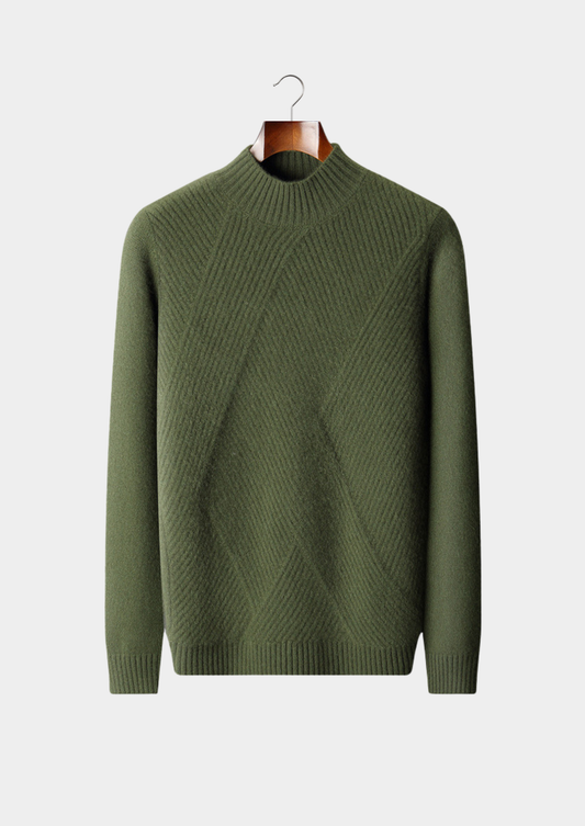 Pure Cashmere Olive Patterned Mockneck | Vallentty