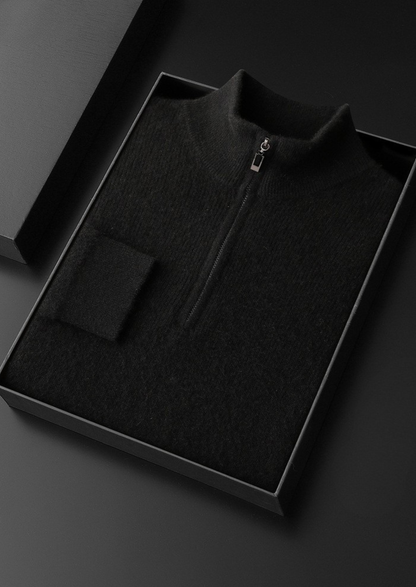 Pure Cashmere Black Ribbed Half Zip | Vallentty