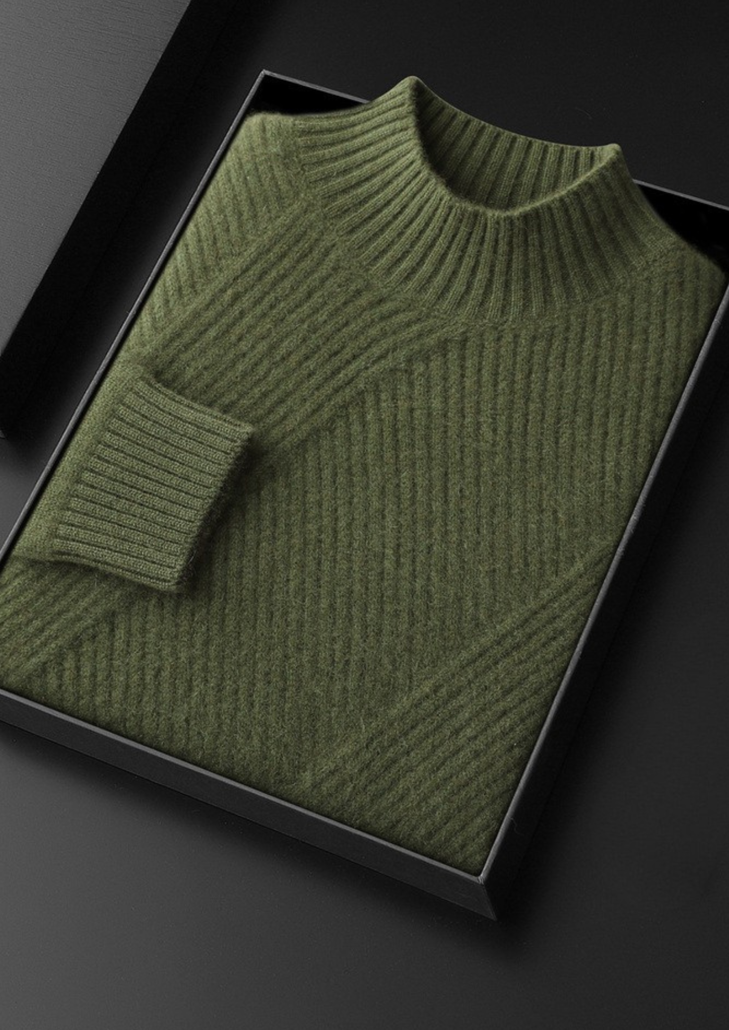 Pure Cashmere Olive Patterned Mockneck | Vallentty