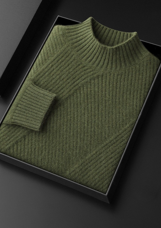 Pure Cashmere Olive Patterned Mockneck | Vallentty